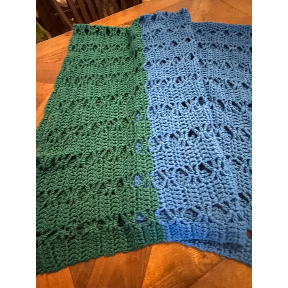 Handmade Granny Crochet Throw Blanket Green Blue Two Tone Open‎ Weave Boho Wrap
